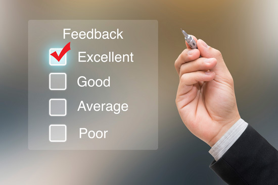Person check marking Feedback: Excellent, with other options of: Good, Average, Poor